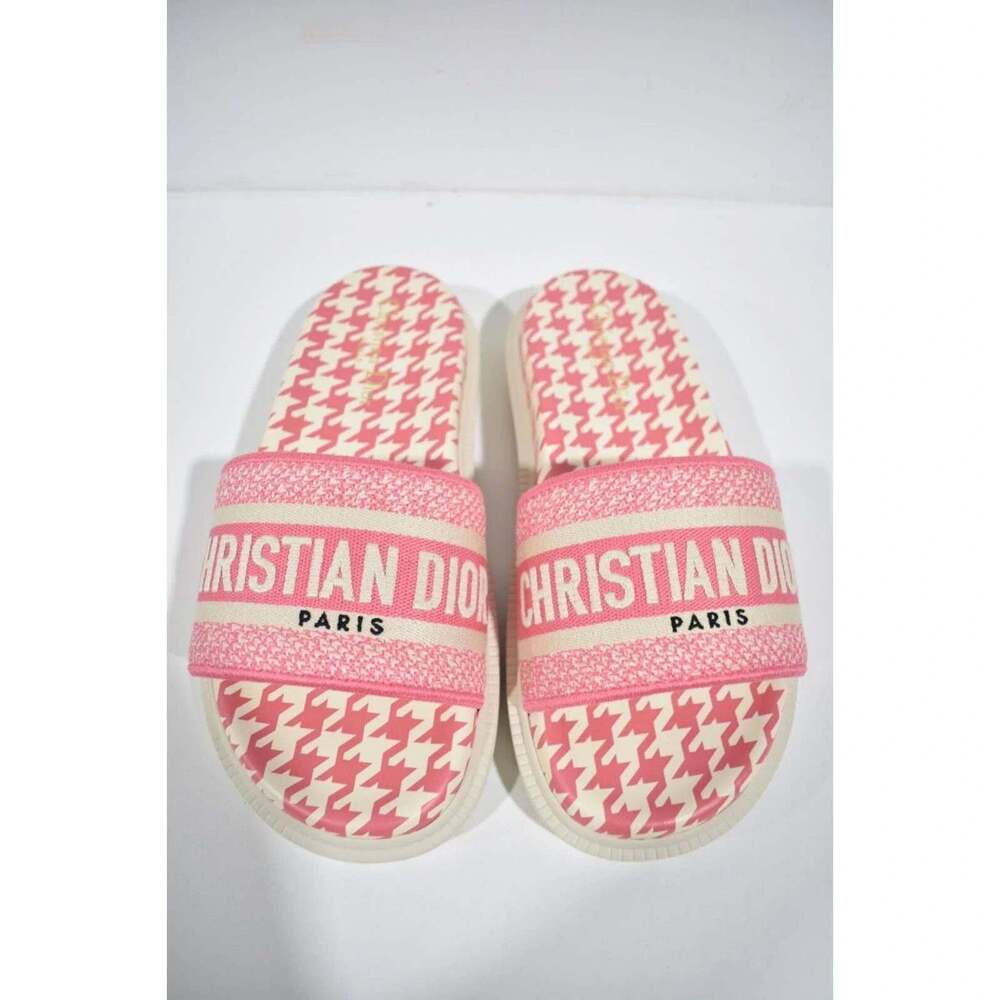 Christian Dior Dway Pink White Logo Houndstooth Slide Mule Flat Sandal 37.5 - Picture 5 of 12